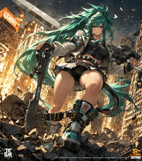 4K, game's cover, Guilty Gear Strive style, 1 girl, solo, chains around her, extreme large long messy hair, cyan-green colored hair, big bosom, buxom, jacket (with impressive details), shirt, spiked belt (large),  skirt, undershorts, spiked boots, holding ...