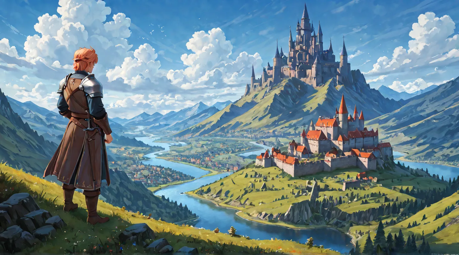 over head shot, arafed view of a castle with a man standing on a hill overlooking a river, mountain fortress city, 4k fantasy art, 8k high quality detailed art, 8k fantasy art, 4 k detail fantasy, fantasy art style, an epic landscape, medieval fantasy land...