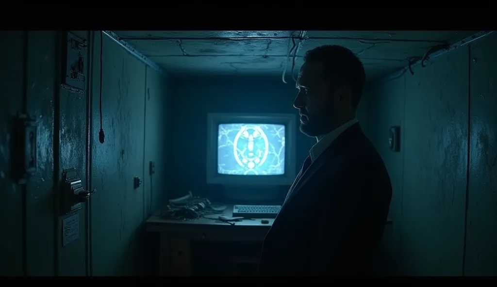 A dark underground room with broken cables hanging from the ceiling. A dim blue light emanates from a broken computer screen, displaying strange alien symbols. A man with a serious face stands in front of the screen, reading something anxiously."