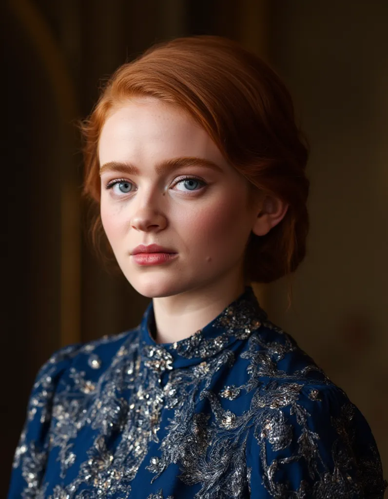 sadie sink:1.4, looking at camera, laughing in a sexually teasing manner, (((portrait of sadie sink, massive breast cleavage blue silver color open chest royal outfit In a Game of thrones))), beautiful long red hair tucked behind ears, ((round tight pointy...