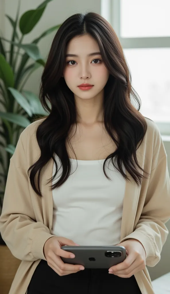 "A Korean Asian girl, called Zoey Vega, With medium brown predatory eyes, long hair, smooth and black with natural reflections. She has fair skin and a captivating smile. She wears a minimalist white blouse with a beige coat and black pants,  in a modern a...