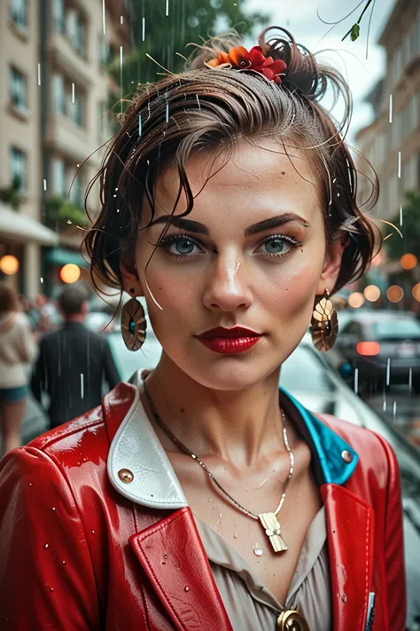 cinematic film still, full body red woman soft whistle, close up shot . shallow depth of field, vignette, highly detailed, high budget Hollywood movie by danny boyle, bokeh, cinemascope, epic, that walks on Praga street in the rain day
