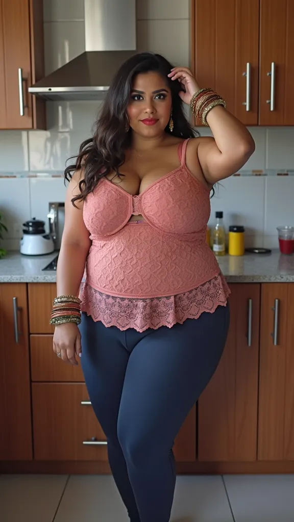 Beautiful pakisthani plus size woman standing in kitchen , side view , wearing  pink bra and a dark blue panties, bangles in hand, hand raised and put it in head, big breast , thick and long thighs, big buttuck ,30 year old ,dark long hair