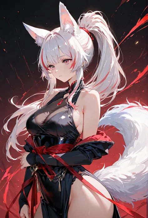 "A fierce and dynamic anime-style girl with fox-like features, including pointed white fox ears and a long, flowing white tail with red tips. She has no human ear but she has a black intense eyes. Her long white hair, streaked with soft red highlights, is ...