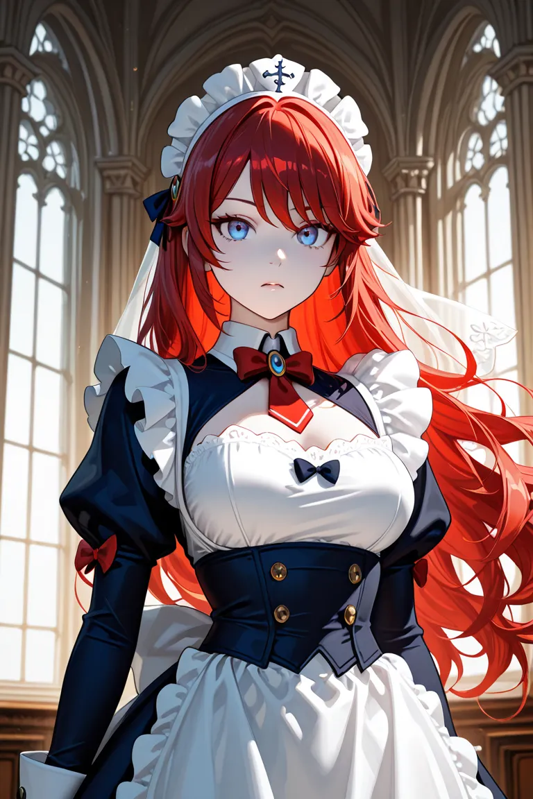 A highly detailed anime-style illustration of Aurora Weiss, a striking and enigmatic maid with an air of both heroism and mystery. Her vermilion-red hair flows wildly, a bold contrast to her pale, almost ethereal skin, emphasizing her albino nature. Her na...