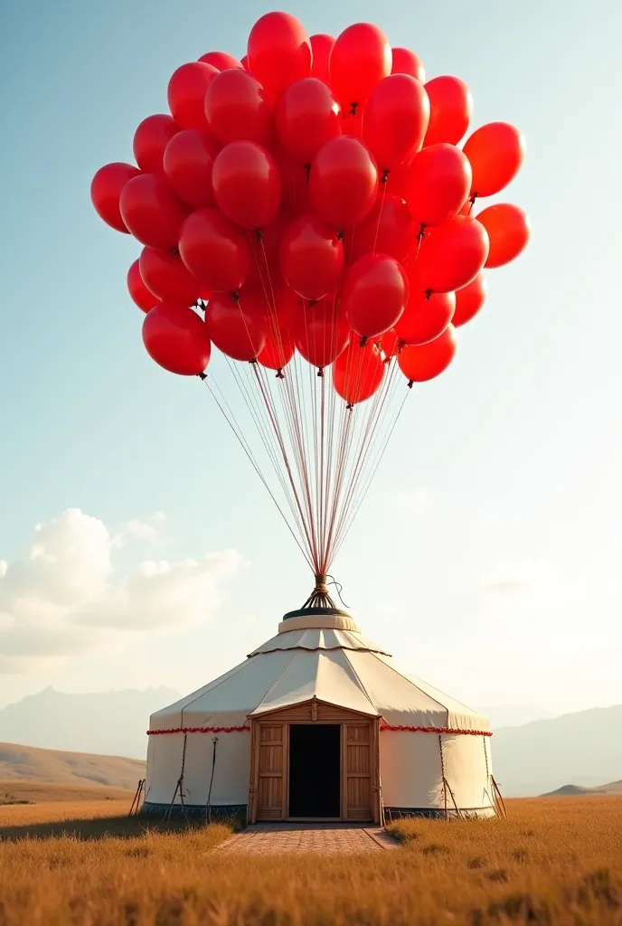 The yurt is pegged to the ground, on one side and tied to red balloons on the other side