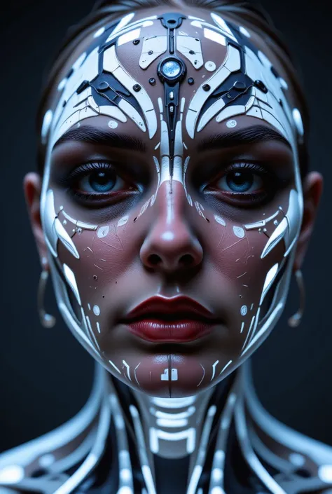 A close-up portrait with abstract geometric patterns projected onto the face. The sharp shadows create a futuristic, high-tech aesthetic