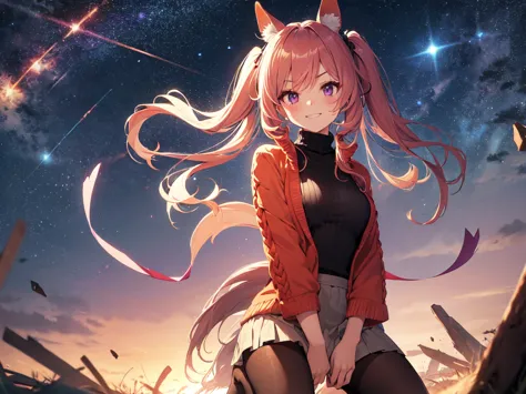 (Solo, Fantasy), (Girl with Horse Ears and Tail), ((Kneeling with Arms Crossed))). Big smile. Showing teeth, looking up, long bangs, thick and long eyebrows, super long hair and twin tails blowing in the wind, red hair, (Purple eyes), long hair, gems, jewe...