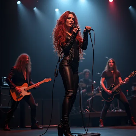  Emotionally , rock concert scene, rock singer (long red wavy hair, active makeup, black leather jumpsuit, high leather black high-heeled boots),  holding a microphone in her hand , emotionally sings into the microphone, looks into the camera, next to one ...