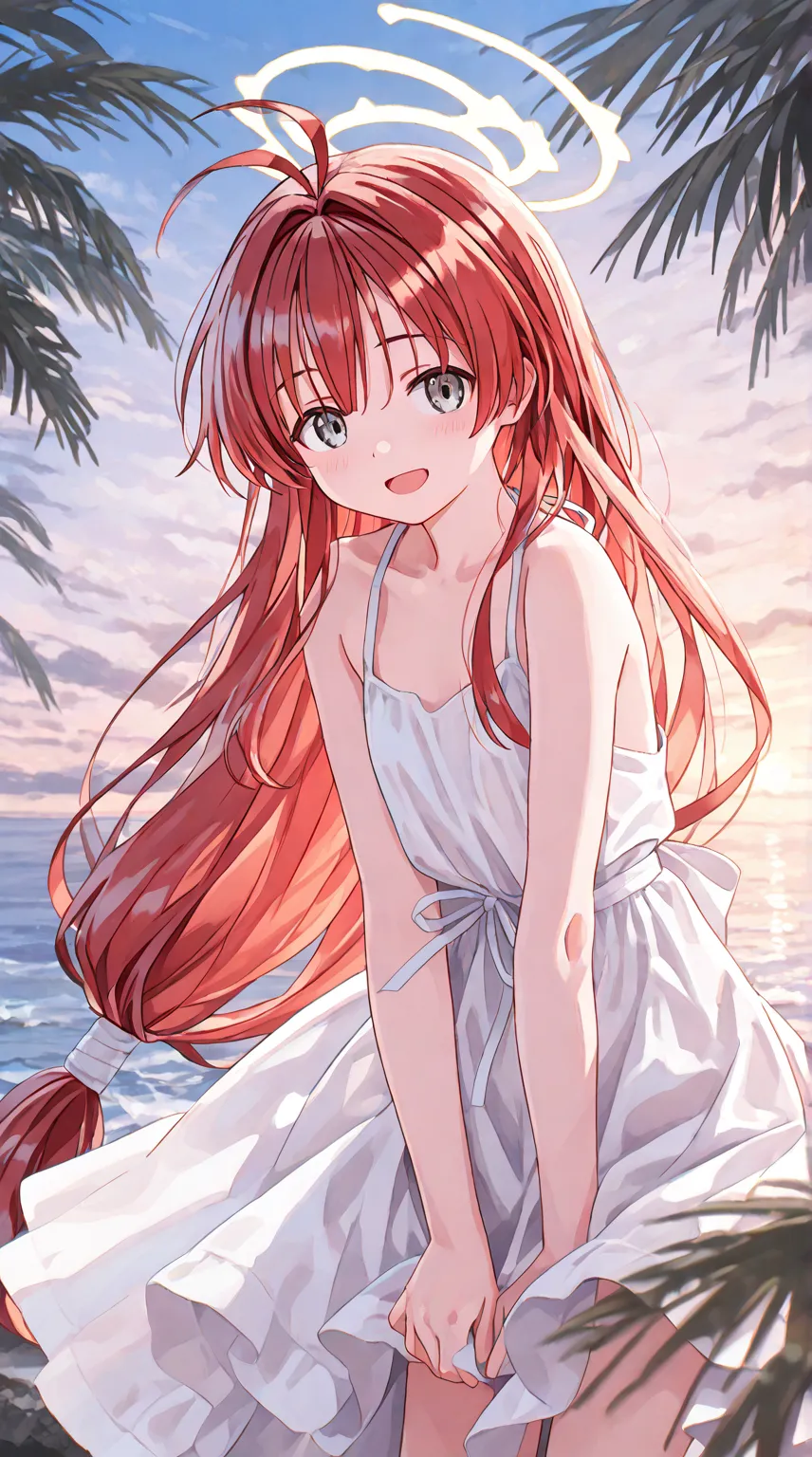 (pastel, watercolor),masterpiece,High Resolution, white dress, palm _tree, tree, open_mouth, smile,  ocean, cloud, null, green_null,  water,  on ESDE_ forward ,  halo、mainami _yuuki, grey eyes, red hair, long hair, very long hair, low-tied long hair, singl...