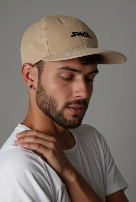 A young man with a slender beard with his head down wearing a beige baseball cap, Clear studio lighting, Dramatic lighting light, bright lighting, Magazine advertisement image, The boy has his head down 