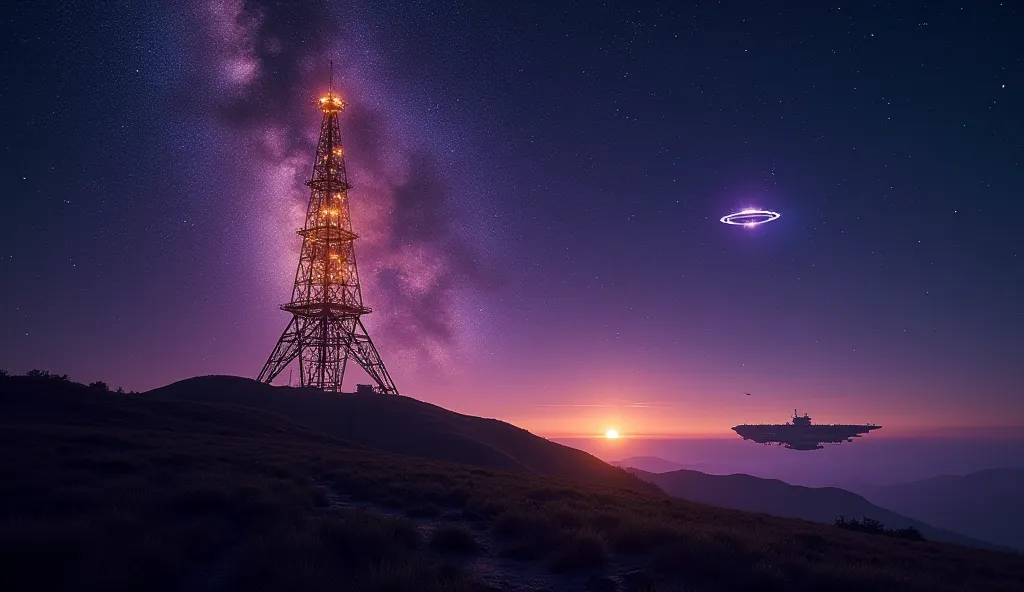 A giant antenna on a hill with a night sky full of stars. From the antenna, waves of golden purple energy radiated into the sky.  In the distance , of the alien aircraft carrier shines, as if receiving a signal from the earth