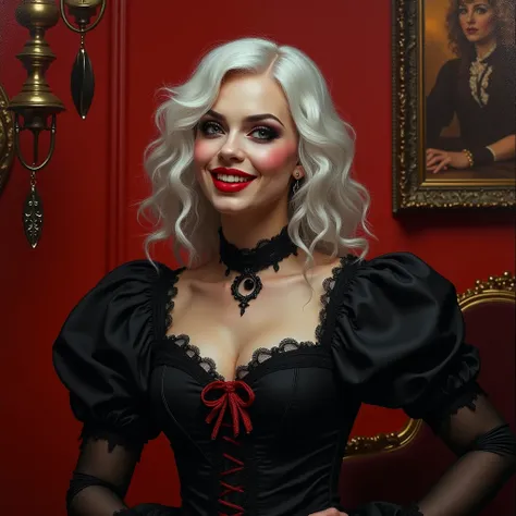 fantasy portrait of a gothic woman, dressed in black and red lace, white hair, pale face, red lips, dark eye makeup, smiling seductively, red salon in backround, wild, crazy, cards, oil painting style, strong lights focus, raised chin, proud, missy from do...