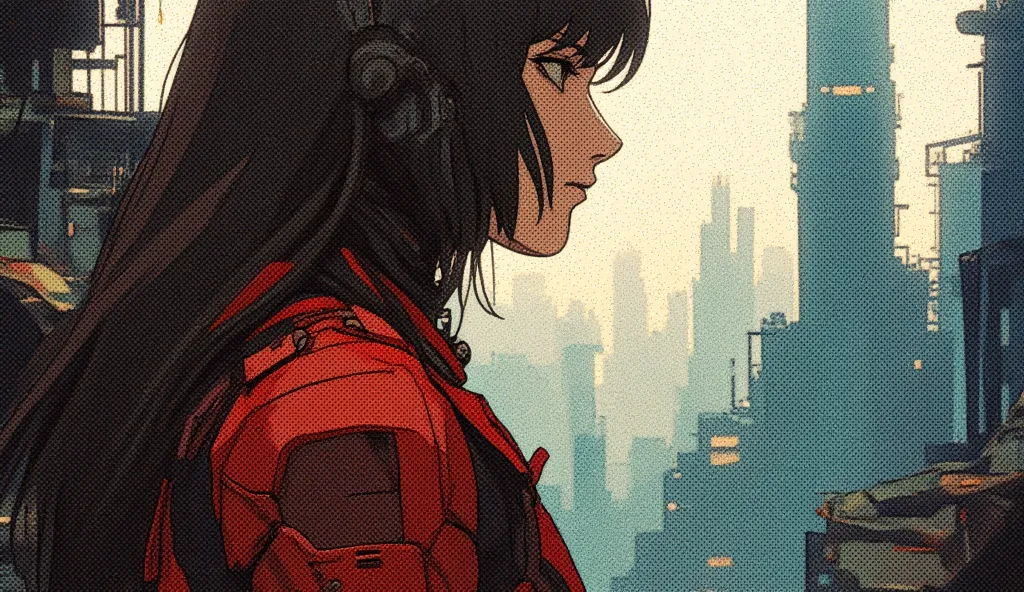 Close-up of a lonely cyborg woman on abandoned rooftop looking at ruined futuristic city, Ghost in the Shell anime style, blue and grey tones, foggy atmosphere, visible cables and connections, technological details, post-apocalyptic setting, retro anime st...