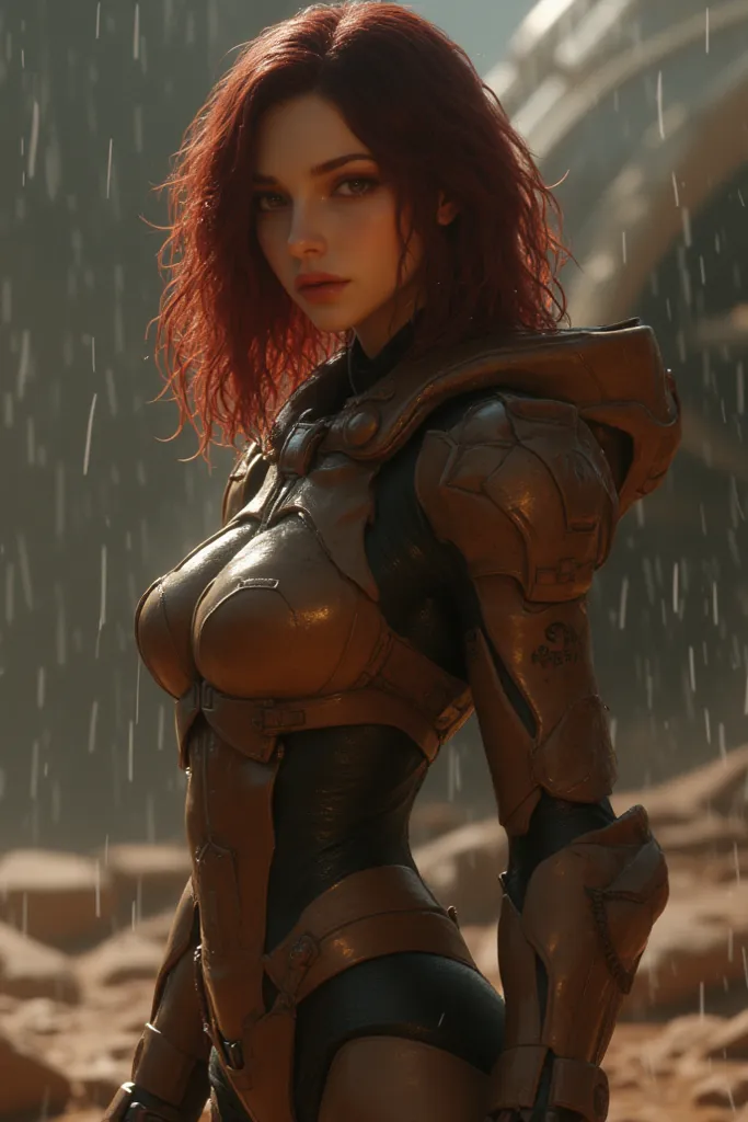 Female soldier in a halo, brown leather,  slanted eyes , wavy hair, semi-long hair, wine colored hair ,  sensual, in the rain, 