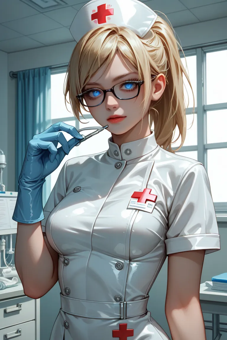 (Anime), (masterpiece), best quality, perfect face, (Short tight medical gloves), perfect eyes, 18+, glasses, (( white nurse uniform)), evil eyes, blonde hair, ponytail, 1girl, stockings, blue eyes, medical room, (clean head), (short latex gloves), short v...