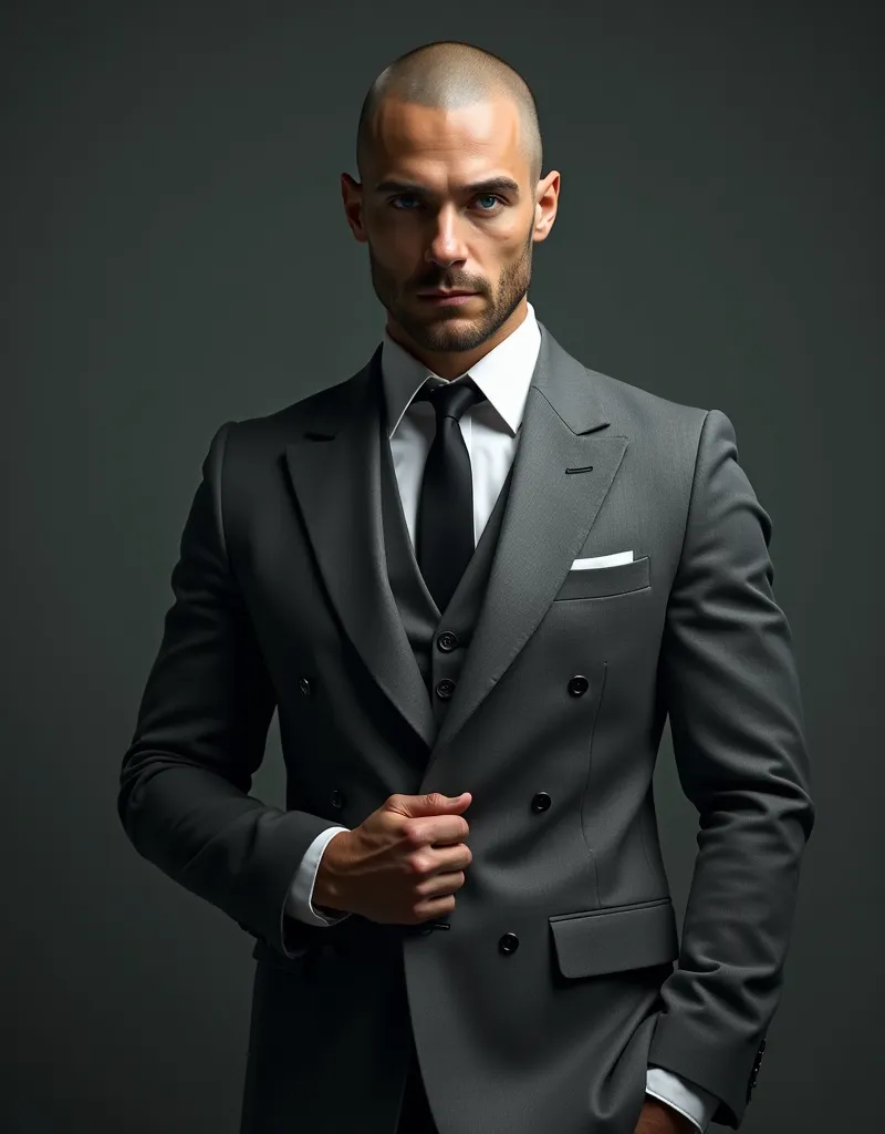 I want you to create a full body portrait image There is a handsome young man 30 years old, Of the Italian Mafia standing , He's so handsome , He wears an elegant gray suit , 1 mafioso,   shaved hair  ,  bed , (Highlight on blue eyes)1 mafioso , .