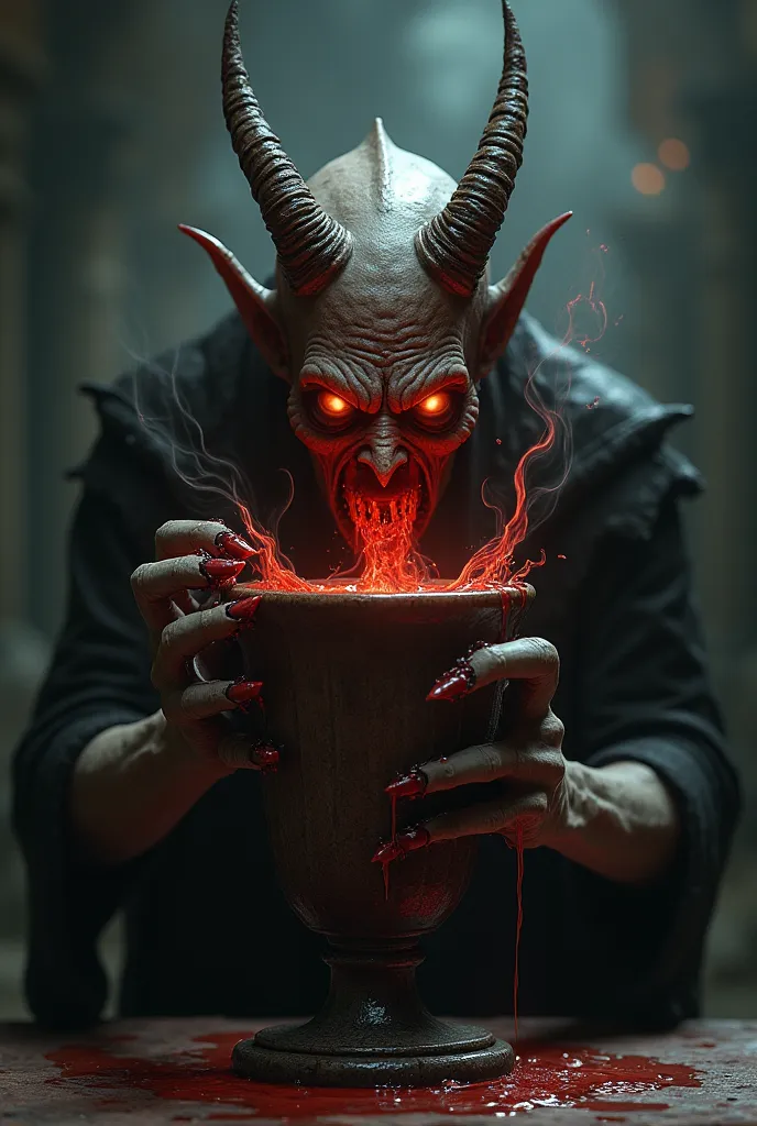 CREATE AN IMAGE OF A DEMON HAVING A DRINK AND SMOKE COMING OUT OF A TERRIBLY MONSTROUS CUP, WITH REDDISH BROWN LIQUID