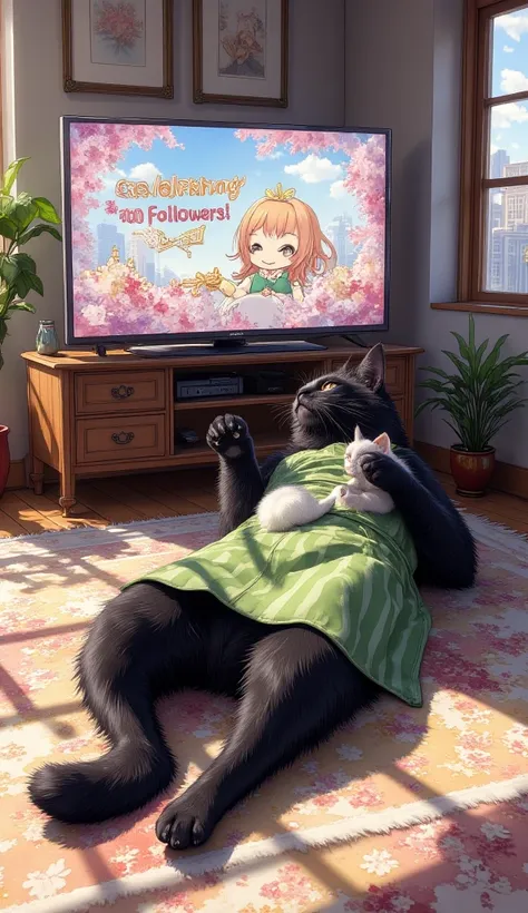 ultra-realistic, photorealistic, dramatic scene, shadow, global-illumination, the human-like giant black cat\(wearing a vertical striped green apron, black cat\), the human-like black cat is lying on its back on the carpet in the room, a cute white kitten ...