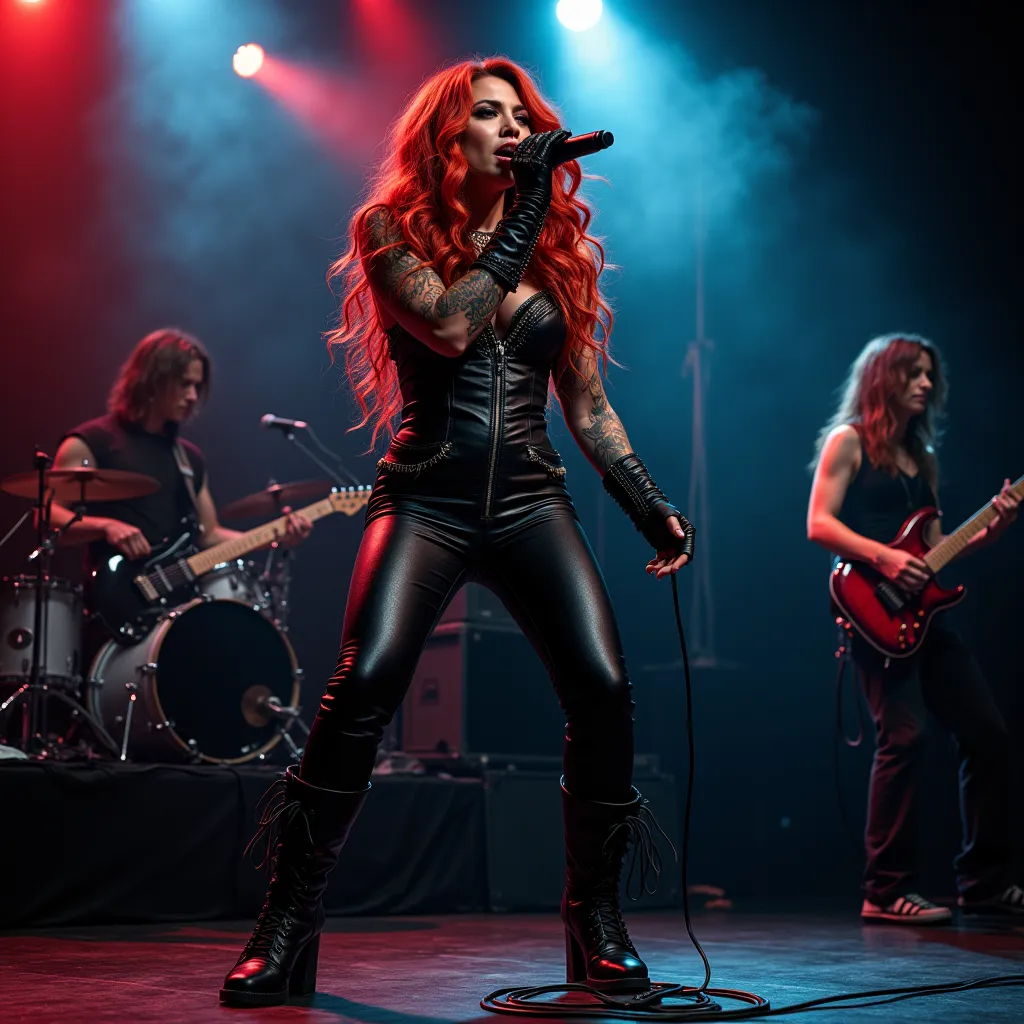 rock concert scene, rock singer (long red wavy hair, active makeup, black leather jumpsuit, high leather black high-heeled boots),  holding a microphone in her hand , emotionally sings into the microphone, next to one guitarist displays a guitar solo melod...