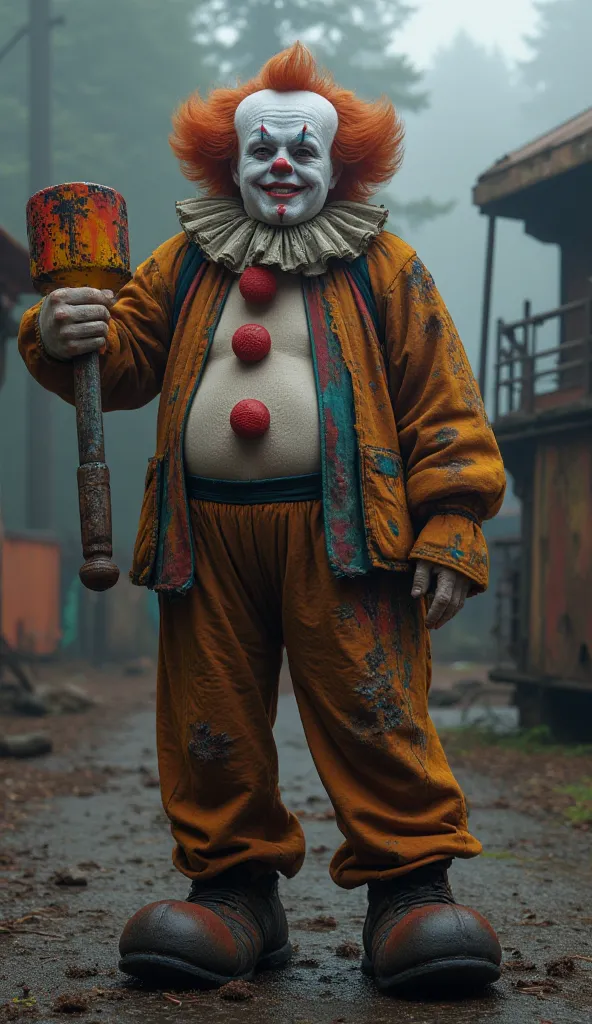 Fred, the serial killer clown, is standing in the middle of a ruined amusement park. His body is sturdy and plump, but his presence is threatening. His skin is pale and sick, with dark veins visible under the surface. His face is covered in corroded and wo...