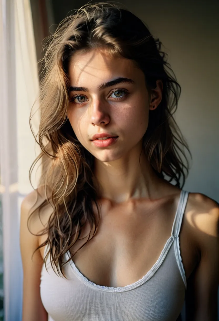 1girl, (((young girl))), small perky breast, cute face, shy girl, loose tank top, RAW photo, 8k ,Fujifilm XT3, photorealistic, detailed face, fair skin, perfect shape, film grain,depth of field,ferrania p30 film,shadows,long hair, 35mm photo, grainy, vigne...