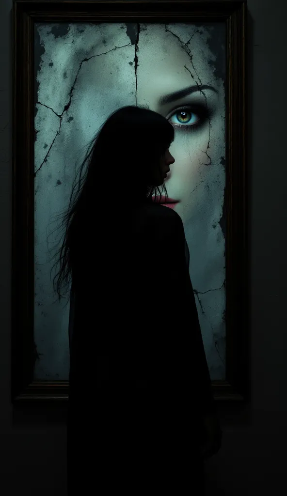 *"In a dark room, a breathtaking creature stands in front of an old, broken mirror. her back is turned towards the viewer, silhouette of supernatural elegance and grace. Your long, flowing hair seems to merge with the shadow, shimmers softly in low light, ...