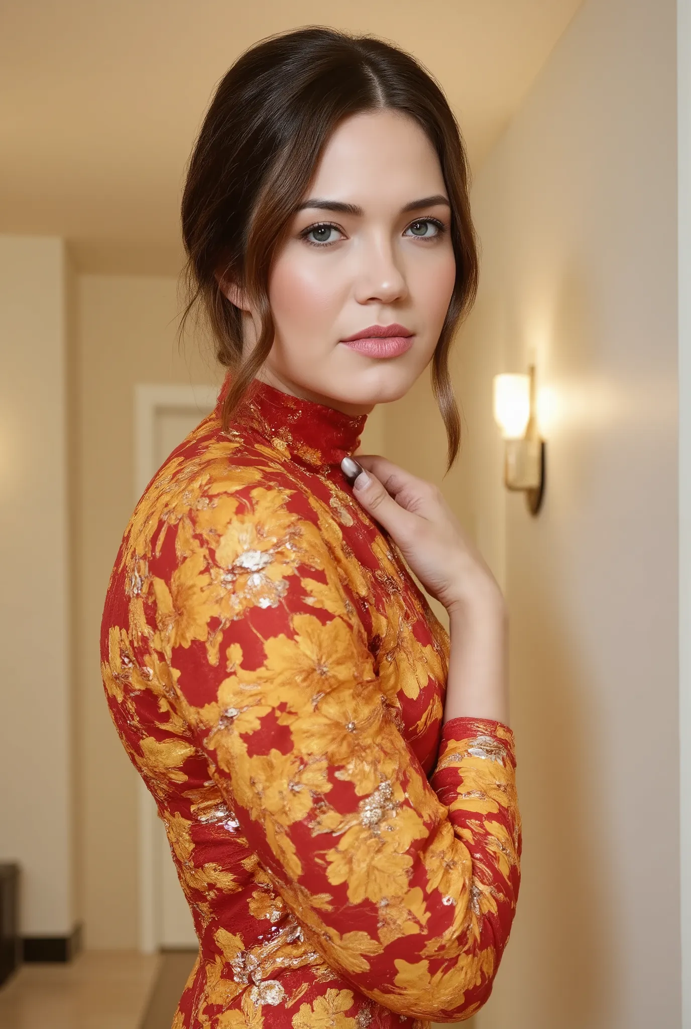 best quality, highres, 8k, masterpiece, photography, detailed midbody photorealistic portrait. Mandy Moore's dress is a contemporary cheongsam/qipao in a rich gold satin with crimson accents. The design features a high, standing collar and full-length slee...