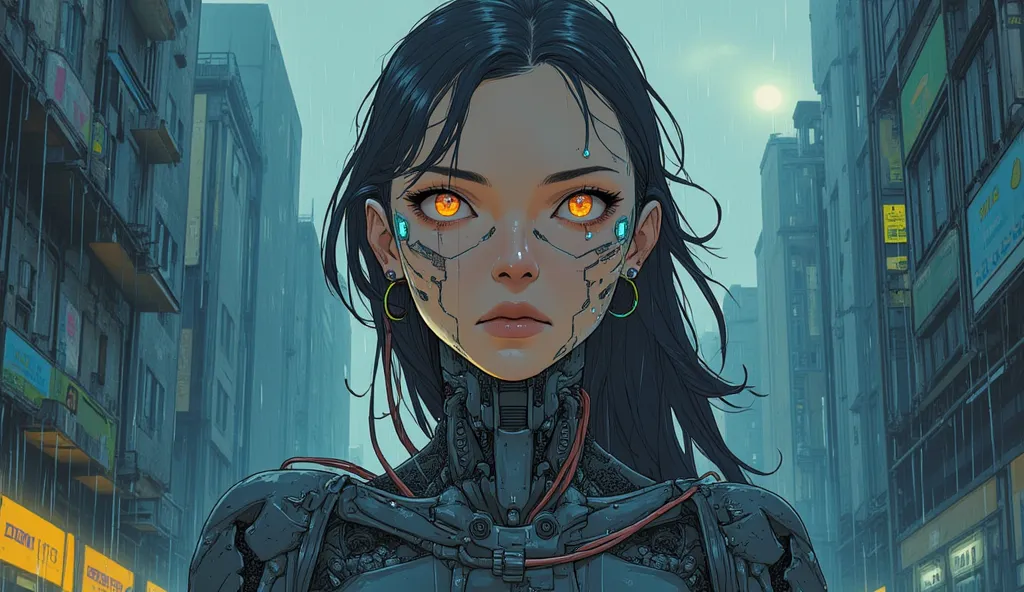 Close-up of female agent with eye implants, stoic expression, acid rain falling, dilapidated buildings in background, cables connected to nape of neck, 90s anime style, Ghost in the Shell, industrial dim lighting