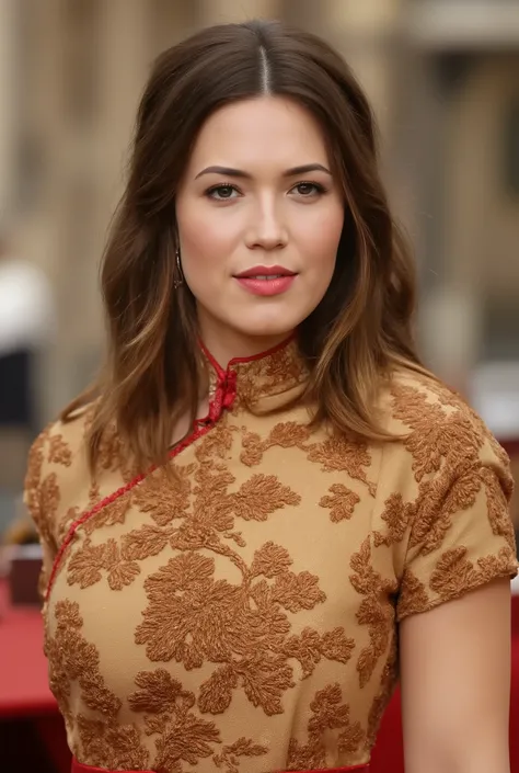 best quality, highres, 8k, masterpiece, photography, detailed midbody photorealistic portrait. Mandy Moore's dress is a contemporary cheongsam/qipao in a rich gold satin with crimson accents. The design features a high, standing collar and full-length slee...