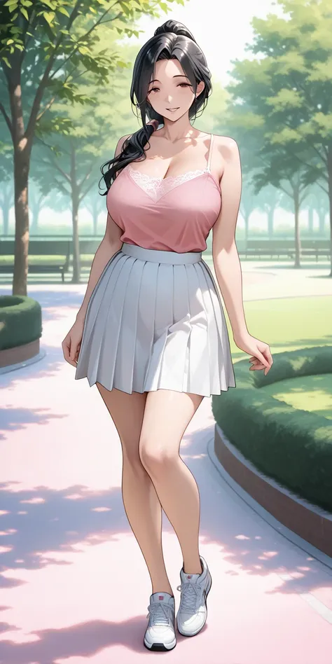 Masterpiece, newest, vibrant, very aesthetic, mature female, housewife, Black hair, straight hair, high ponytail long hair, pink color camisole (white lace), white color pleated tennis skirt, white sneakers, full body, parted lips ,smile, milf, on the park...