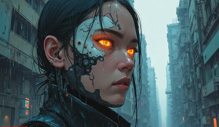 Close-up of female agent with eye implants, stoic expression, acid rain falling, dilapidated buildings in background, cables connected to nape of neck, 90s anime style, Ghost in the Shell, industrial dim lighting