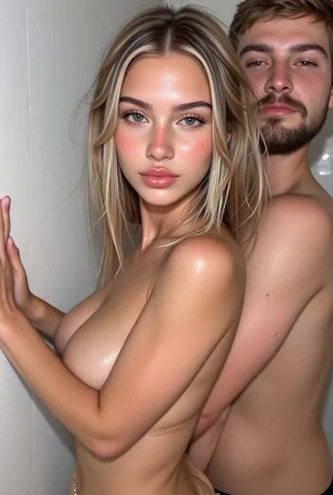 A captivating young woman with green eyes and a mesmerizing blonde balayage hairstyle standing against the wall of her shower, completely wet, a male standing behind her, standing very close, her hands resting against the wall of the shower.