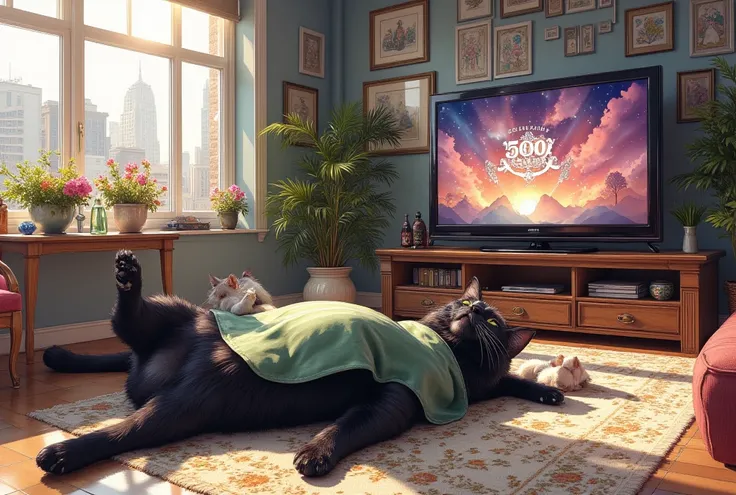 ultra-realistic, photorealistic, dramatic scene, shadow, global-illumination, the human-like giant black cat\(wearing a vertical striped green apron, black cat\), the human-like black cat is lying on its back on the carpet in the room, a cute white kitten ...