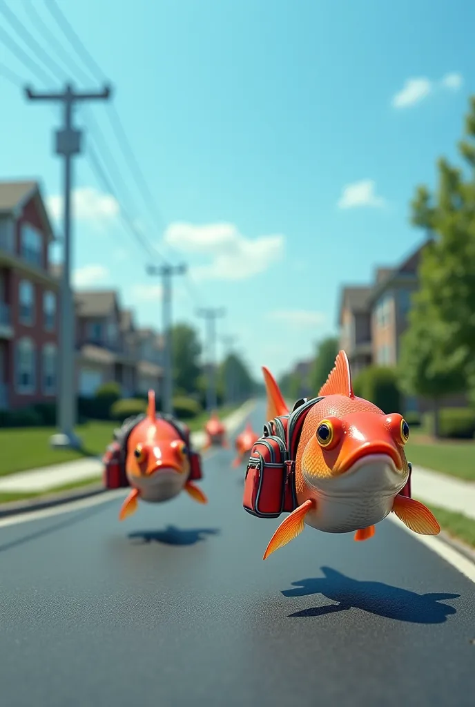 Fish running kn the road with school bags