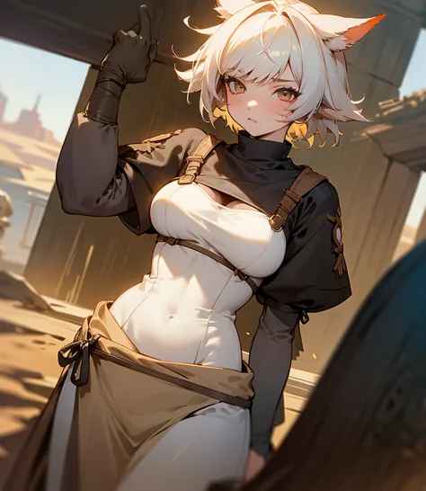 Masterpiece, Anatomically Correct, High Resolution, High Quality, solo, 1girl, close up, low angle, 

Miqote ears, ffxiv, final fantasy,
Cute, white glowing hair, messy hair, short hair, amber eyes, 
Burlap clothing, large breasts, undersized clothing, rag...