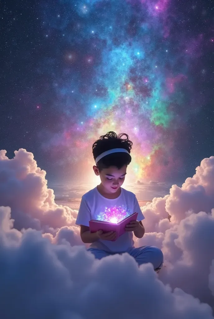 a  sitting in the stars and reading a colored shining book, Rainbow colored cosmic nebula sky, stars, galaxies