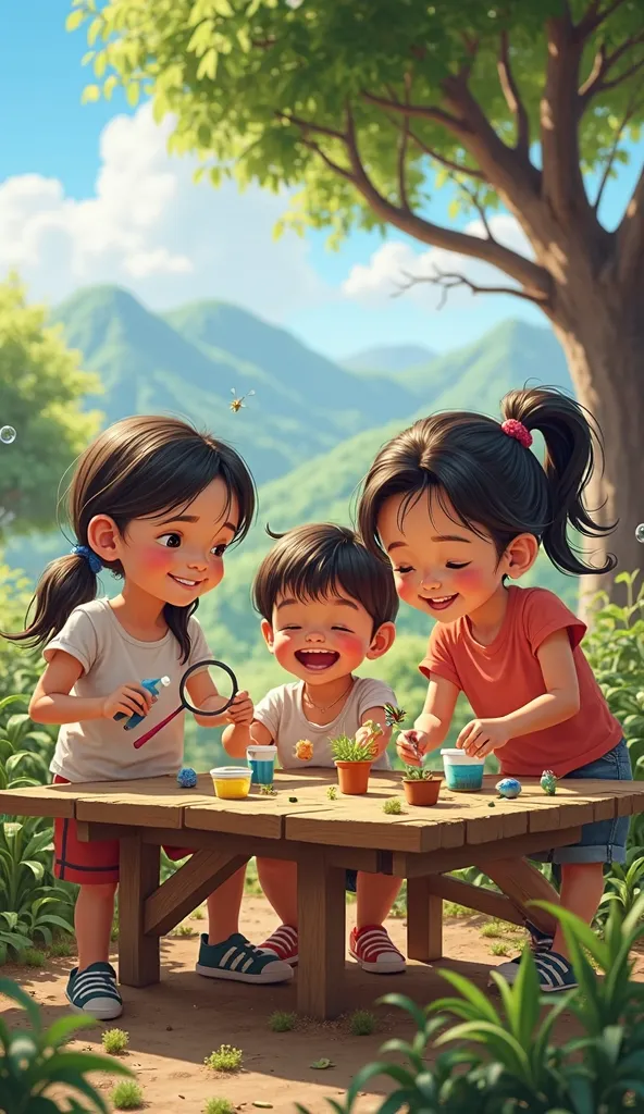 "A vibrant and full scene of life at a science and environment fair in a rural Mexican environment. A group of Latin girls and boys with Mexican characteristics, of preschool level (between 4 and ), with diverse features and simple but clean clothing (colo...