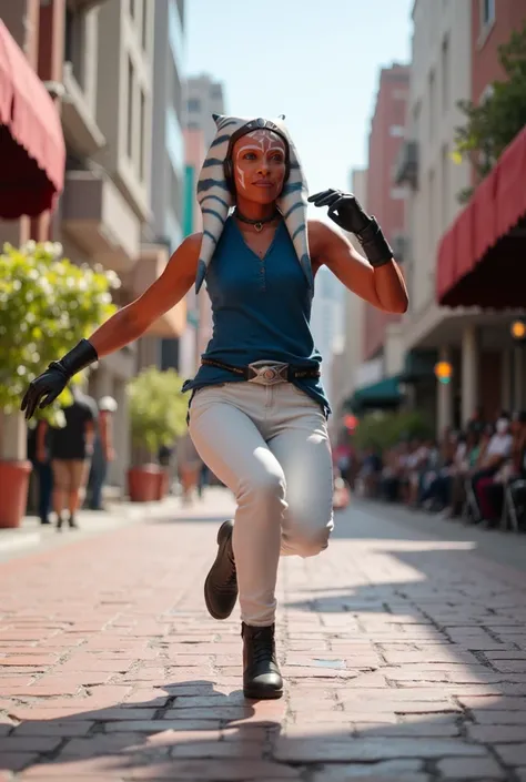 ( Masterpiece , high quality photo, high resolution, realistic photo,  photo ) Asoka Tano,  in a blue shirt , and white jeans, dancing on paving stones in the city, spring,  Sunny, funny