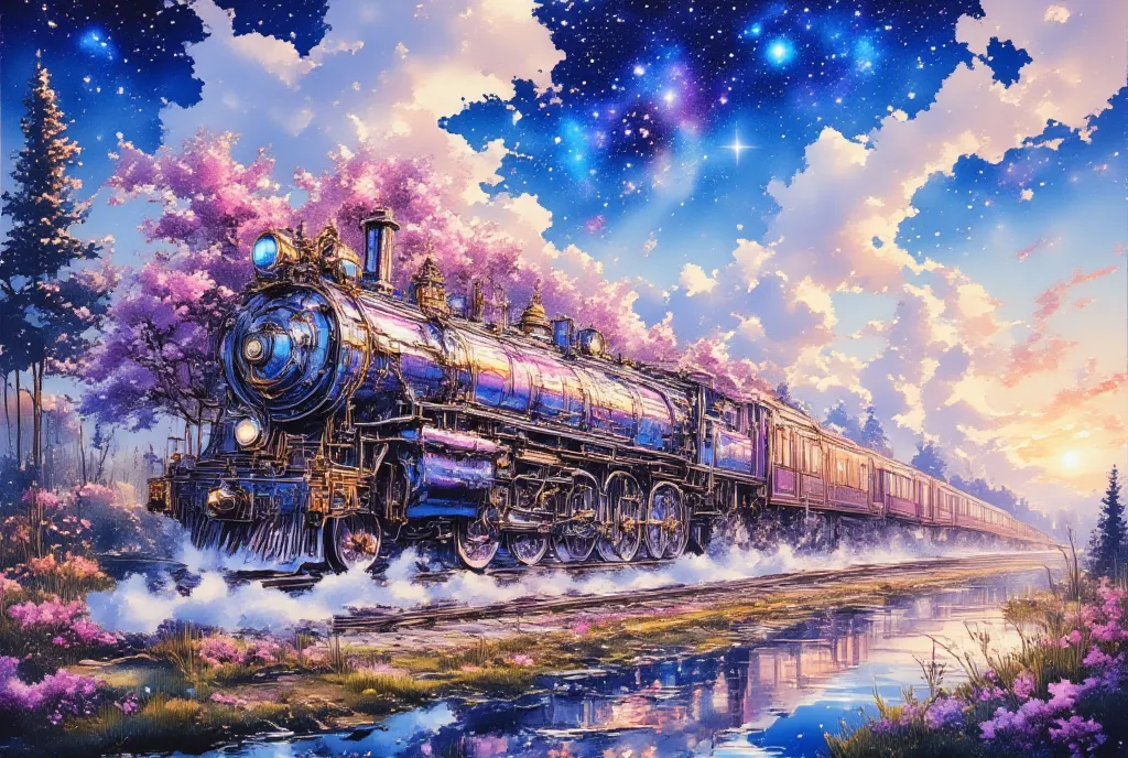 (((imagination run wildness with this visually descriptive, beauty flower train:1.4))), overflowing with sadness, travels through a world of deep blue skies and a nostalgic dream-like atmosphere, intricate brushstrokes and a vibrant rich color palette, lot...