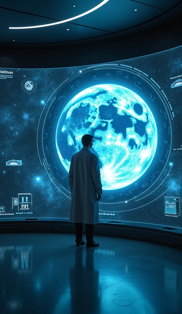 A futuristic scene showing a scientist in a space observatory pointing at a holographic model of Earth and the Moon, analyzing their gravitational interaction.