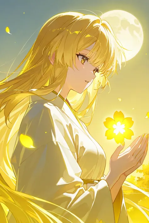 1girl,  Long-haired blonde , long blond golden hair flutters in the wind,  brown eyes,   brown eyes , samurai girl in white clothes, holds the golden yellow light of love, light in the palms, bright golden yellow glowing heart in the girl's hands, girl in ...