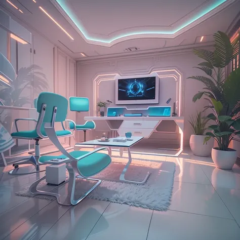 There is a highly ultra-modern table with a large monitor showing complex blueprint for a MEMS device，There is a chair in front, futuristic interior, futuristic room, retro futuristic apartment, futuristic room background, A futuristic living room, futuris...