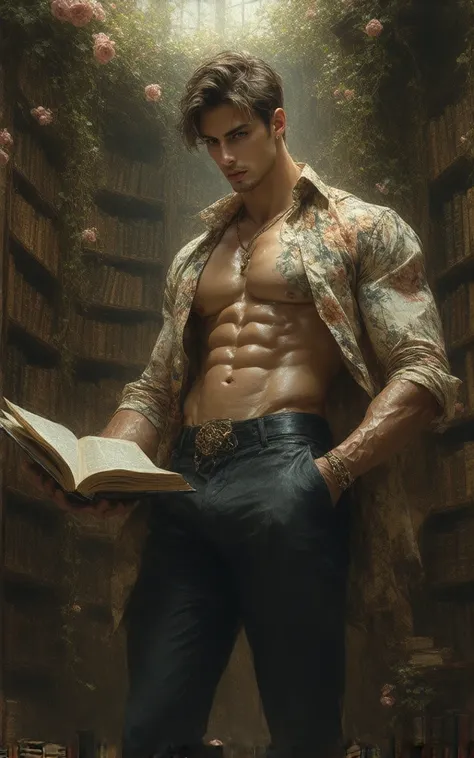 (masterpiece, best quality, realistic, ultra high detailed, UHD, view from a distance, facing the camera), In a floral-steampunk library, where books are intertwined with blossoms and vines, a tall, muscular young man stands on a ladder, reaching for a rar...