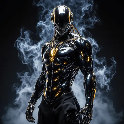 A dangerous yet innocent male android, in glossy dark and light touch of gold and white. No face, just a helmet and a pair of intense, luminescent eyes that look at the viewer. A superb, almost organic exoskeleton of a sexy, muscular male body. Stands up, ...