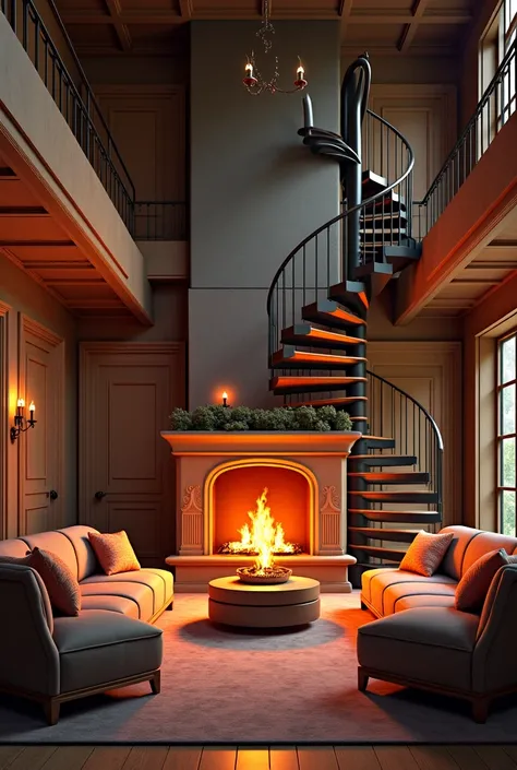 Make a large room with a fireplace, sofas, drawers with burning candle on top, doors on the left and right sides and a spiral staircase that goes up to the second floor . without people inside.