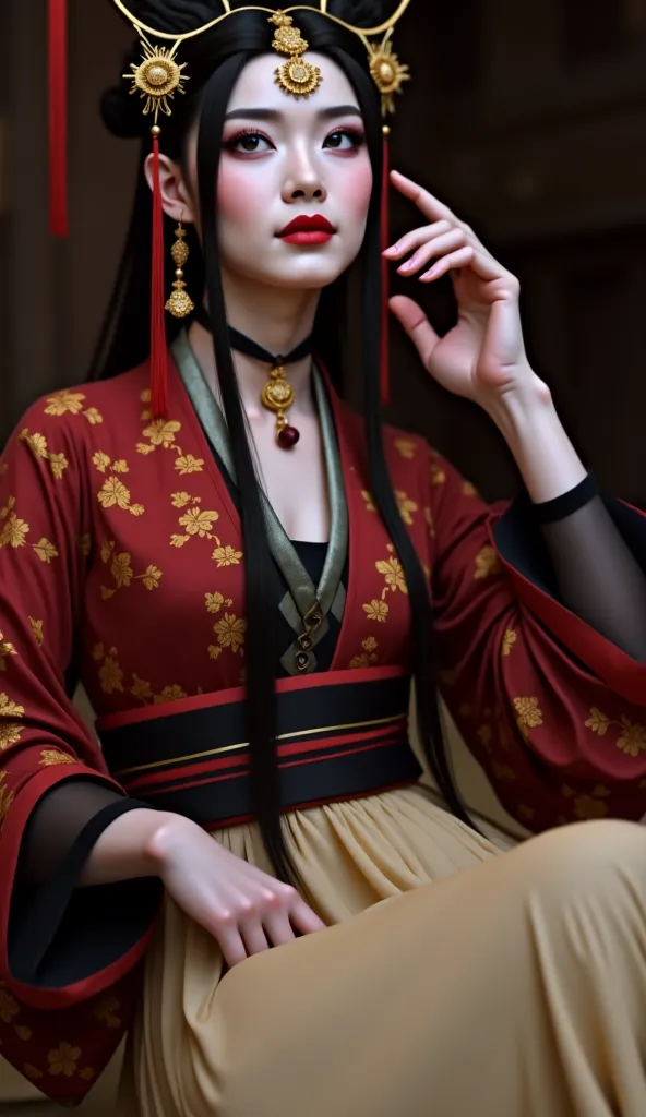 1 Very beautiful Queen Medusa in Hanfu, Thin red silk shirt with many yellow patterns, black lace top, The crown is on her head, Long bangs and dyed black ponytail, beautiful hair jewelry , beautiful and cute face, perfect face, earrings jewelry, light pur...