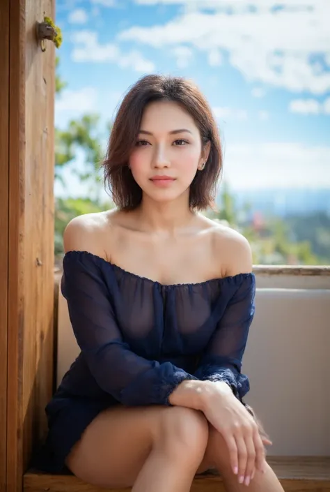  Japanese woman in her 20s 、front view of her natural brown short shaggy hair, anatomically accurate. She's sitting on a chic wood carved high counter bar, She is wearing an off-the-shoulder dark blue dress made of sheer fabric, It makes her look delicate ...