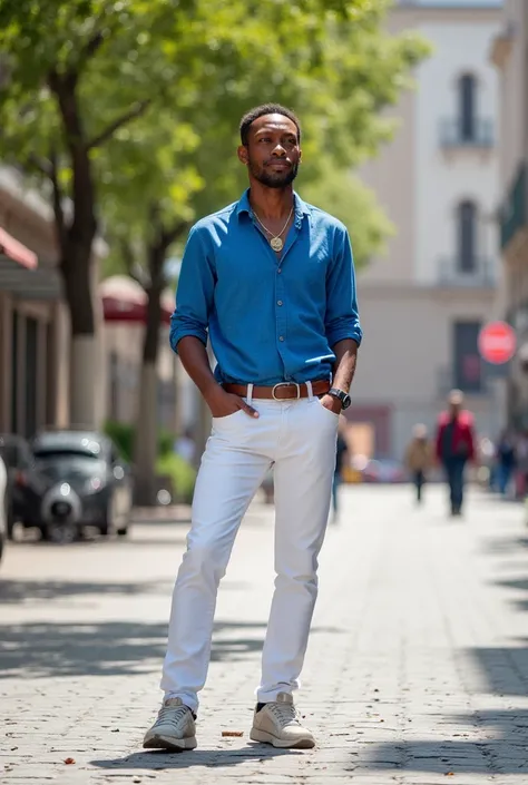 ( Masterpiece , high quality photo, high resolution, realistic photo,  photo ) Ashoka Thano,  in a blue shirt , and white jeans, stands on paving stones in the city, spring,  Sunny, funny, high resolution