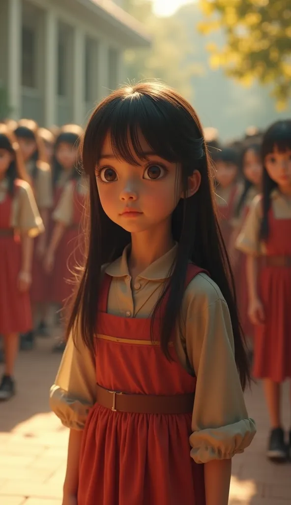 A age girl with long dark hair and expressive eyes stands in a school courtyard. She wears a simple traditional outfit with muted colors, looking slightly down as a group of students in the background mock her. Their faces are blurred, emphasizing her isol...